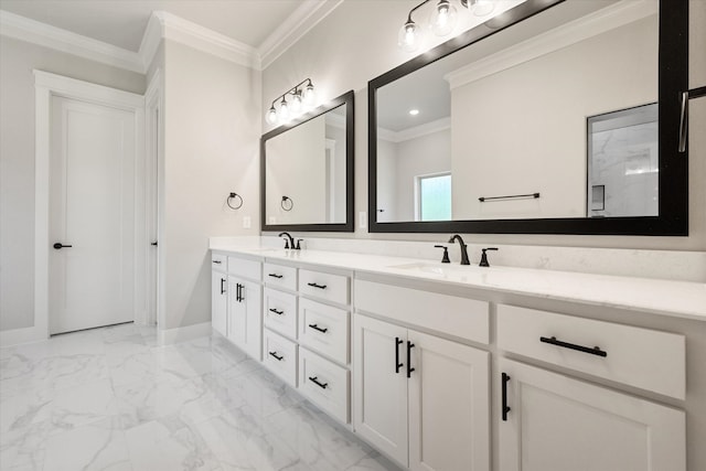 bathroom with ornamental molding and vanity