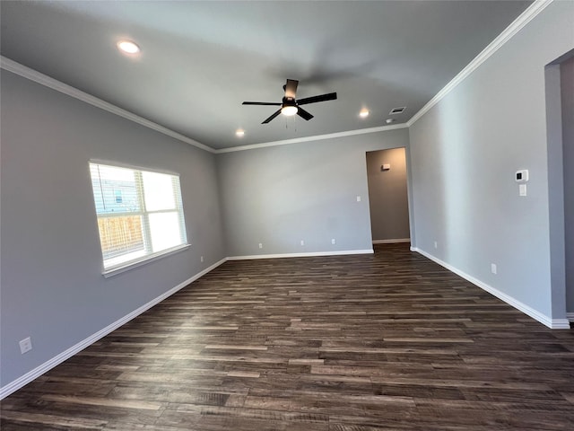 102 Levi Dr, Cleburne, TX 76031 - unfurnished room featuring a ceiling fan, recessed lighting, baseboards, ornamental molding, and dark wood-type flooring