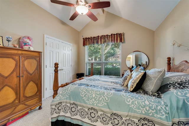 bedroom with vaulted ceiling with beams, ceiling fan, carpet, and a closet