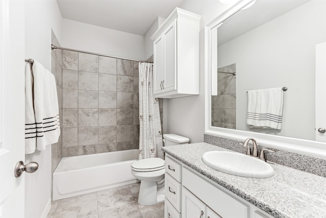 full bathroom featuring tile patterned floors, shower / bath combo, vanity, and toilet