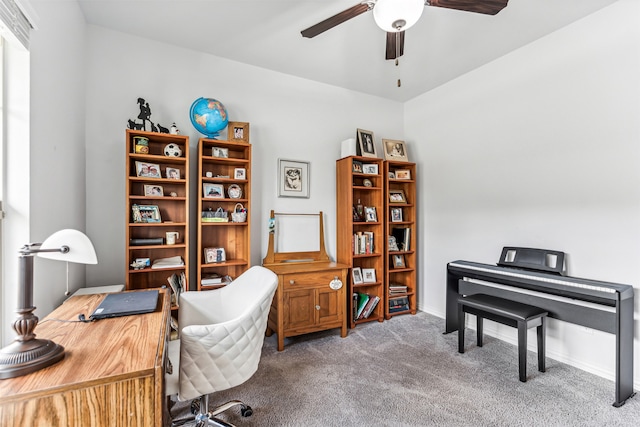 home office with carpet and ceiling fan