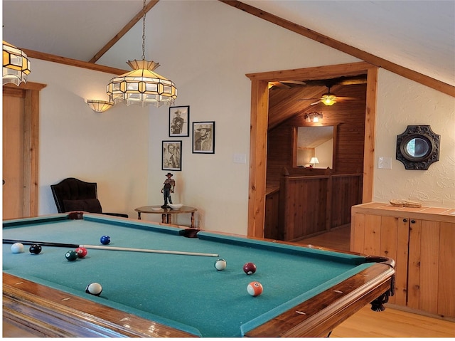 rec room featuring pool table, vaulted ceiling, hardwood / wood-style floors, and ceiling fan