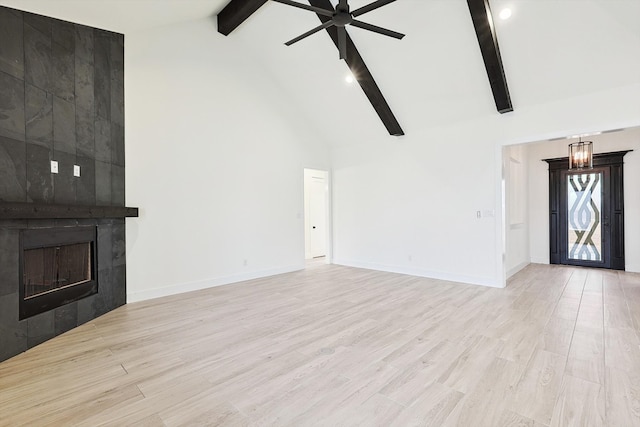 unfurnished living room featuring high vaulted ceiling, light hardwood / wood-style floors, ceiling fan, and a fireplace