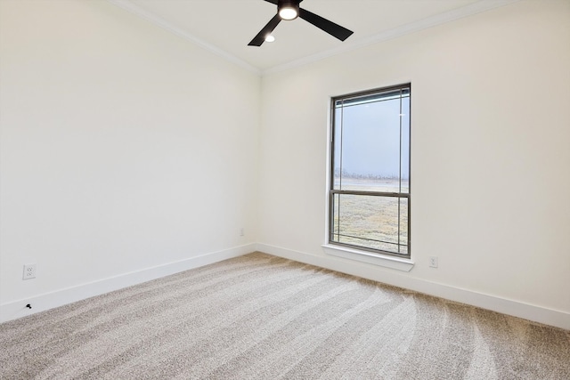 empty room featuring ornamental molding, ceiling fan, and carpet floors