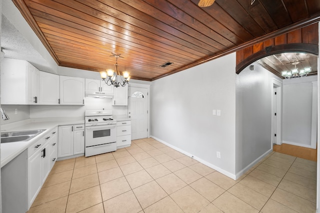 kitchen featuring pendant lighting, white range, sink, white cabinets, and wooden ceiling