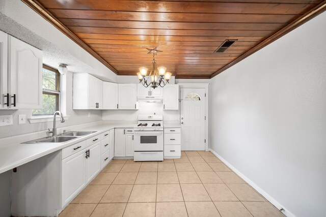 kitchen featuring wood ceiling, white range, sink, white cabinetry, and decorative light fixtures