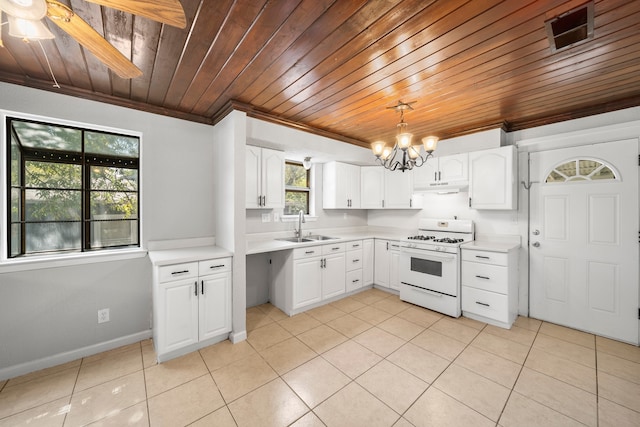 kitchen featuring ceiling fan with notable chandelier, white cabinetry, white stove, and sink