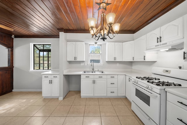 kitchen with hanging light fixtures, wood ceiling, white cabinets, gas range gas stove, and sink