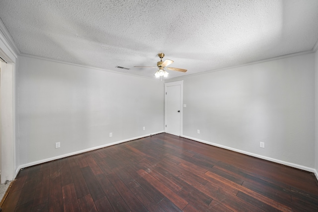 unfurnished room with ceiling fan, a textured ceiling, crown molding, and hardwood / wood-style floors