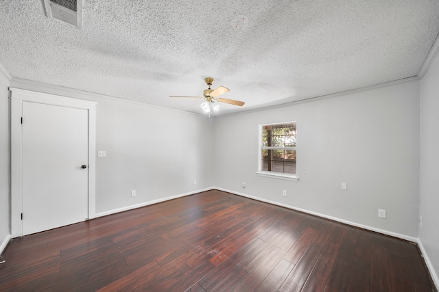 unfurnished room featuring ceiling fan, a textured ceiling, crown molding, and dark hardwood / wood-style flooring