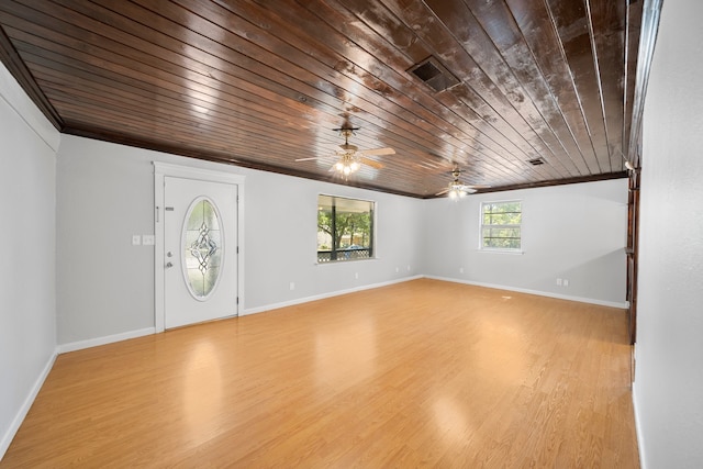 entryway with ceiling fan, ornamental molding, wood ceiling, and light hardwood / wood-style floors