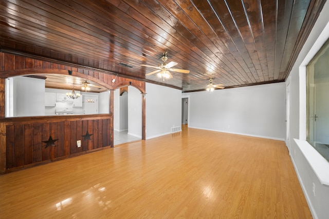 empty room featuring ceiling fan with notable chandelier, wood ceiling, light wood-type flooring, and crown molding