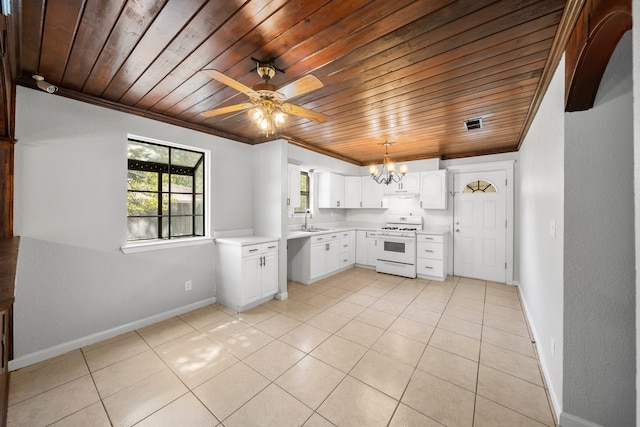 kitchen with wood ceiling, sink, white cabinetry, white stove, and ceiling fan with notable chandelier