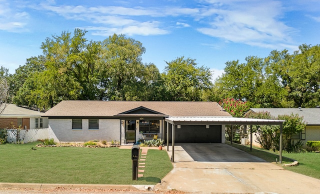 single story home featuring a front lawn and a carport