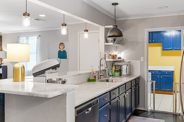 kitchen featuring blue cabinets, sink, ornamental molding, kitchen peninsula, and light stone countertops