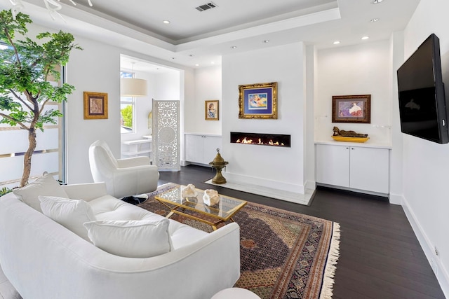 living room featuring a raised ceiling and dark wood-type flooring