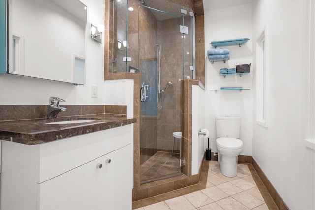 bathroom featuring vanity, a shower with shower door, toilet, and tile patterned floors