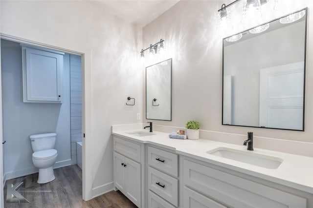 bathroom with double vanity, wood finished floors, a sink, and toilet