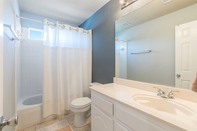 full bathroom featuring shower / bath combination with curtain, vanity, and toilet