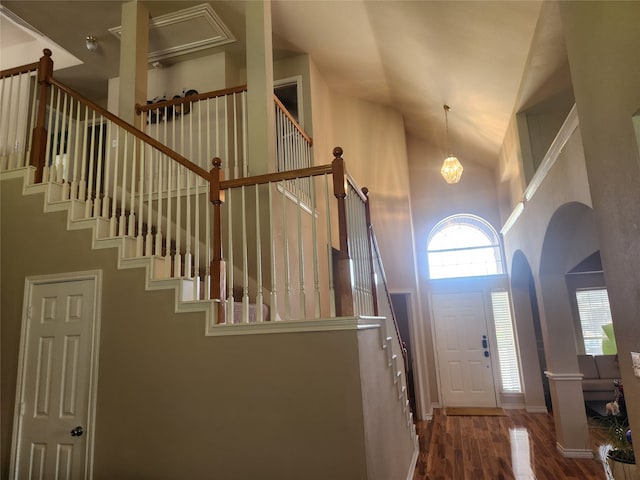 foyer with dark wood-type flooring and high vaulted ceiling