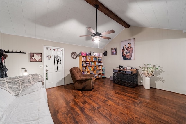 living room featuring vaulted ceiling with beams, ceiling fan, and dark hardwood / wood-style flooring