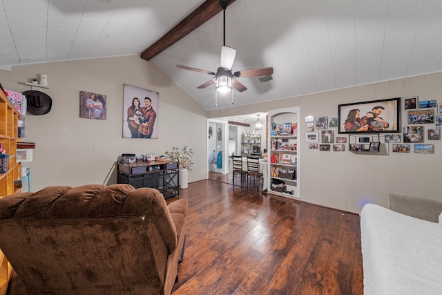 living room with ceiling fan, vaulted ceiling with beams, wooden walls, and dark hardwood / wood-style flooring