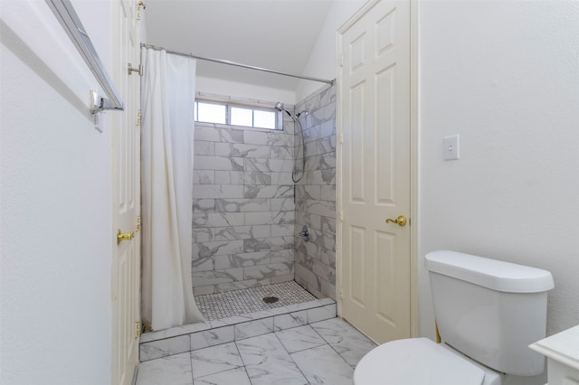 bathroom with toilet and a shower with shower curtain