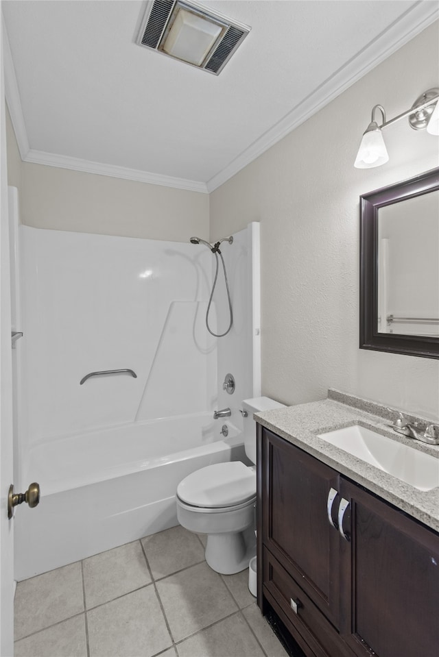 full bathroom featuring vanity, tub / shower combination, tile patterned floors, crown molding, and toilet