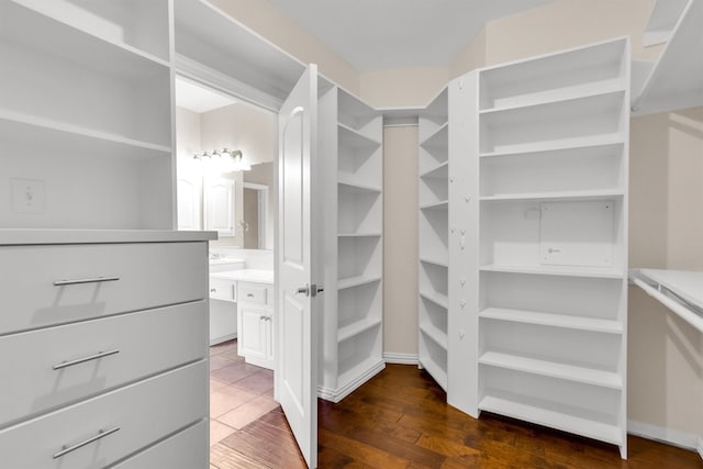 spacious closet featuring dark hardwood / wood-style floors