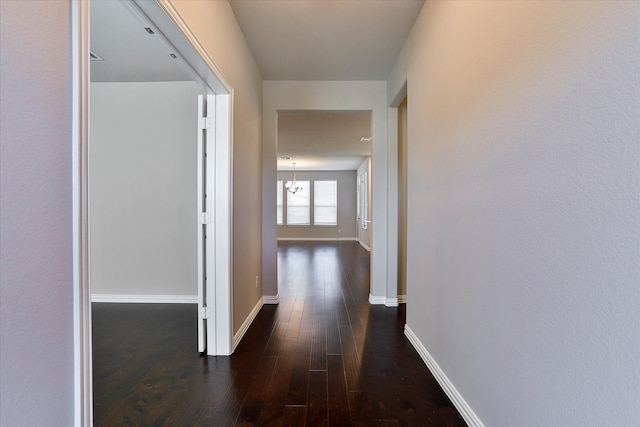 corridor with a chandelier and dark hardwood / wood-style floors