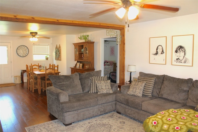 living room featuring ceiling fan and hardwood / wood-style floors