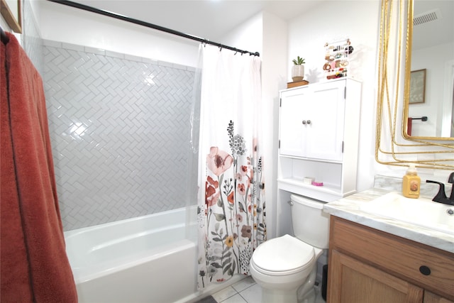 full bathroom featuring vanity, tile patterned flooring, toilet, and shower / bathtub combination with curtain