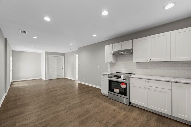 kitchen with white cabinetry, dark hardwood / wood-style flooring, backsplash, light stone counters, and stainless steel electric stove