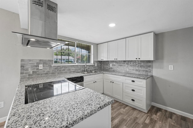 kitchen with light stone countertops, sink, white cabinets, and ventilation hood