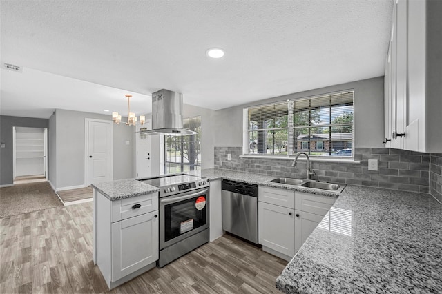 kitchen with appliances with stainless steel finishes, island range hood, white cabinetry, and sink