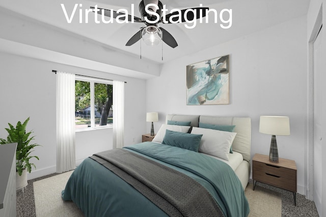 carpeted bedroom featuring ceiling fan