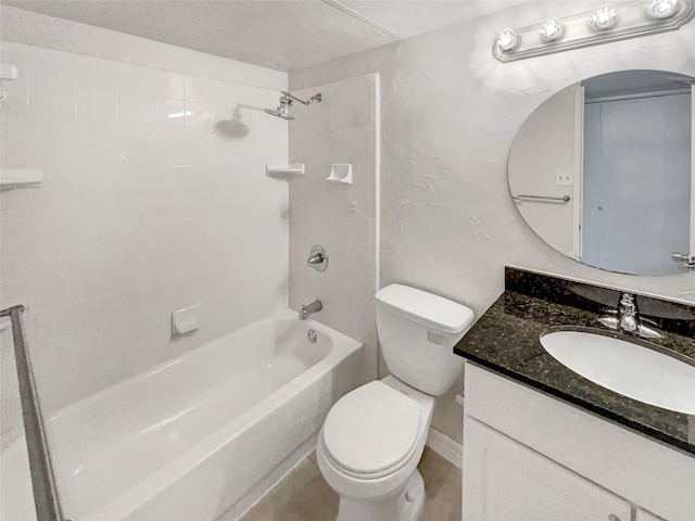 bathroom with a textured wall, toilet, shower / tub combination, and vanity