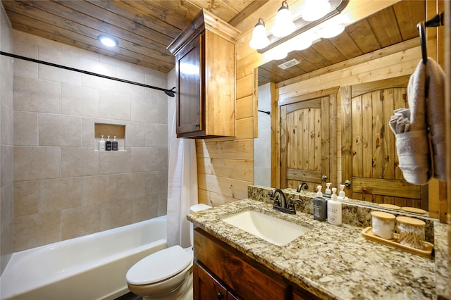 full bathroom featuring wood ceiling, vanity, shower / tub combo with curtain, wooden walls, and toilet