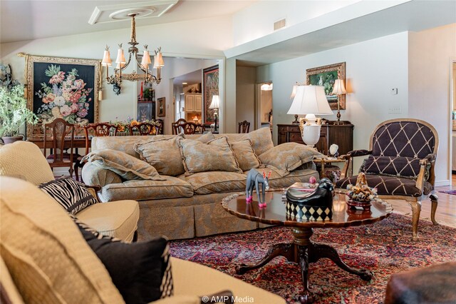 923 W Lake Dr, Hamlin, TX 79520 - living room featuring visible vents, a chandelier, and lofted ceiling