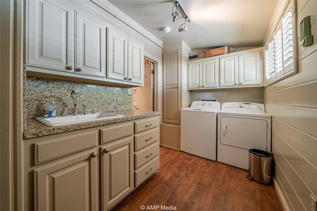 923 W Lake Dr, Hamlin, TX 79520 - laundry room with cabinet space, washer and dryer, a sink, rail lighting, and dark wood-type flooring