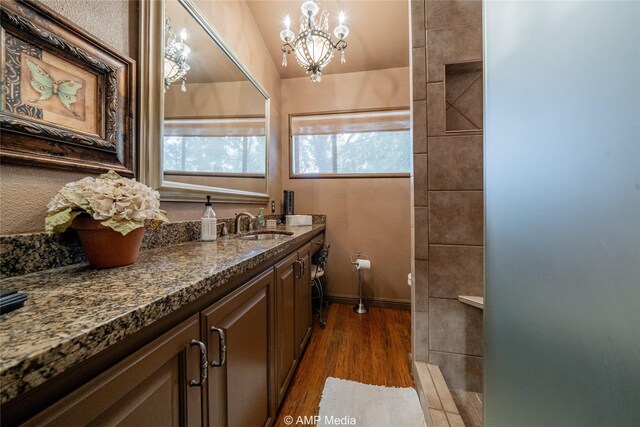 923 W Lake Dr, Hamlin, TX 79520 - full bathroom featuring an inviting chandelier, vanity, baseboards, and wood finished floors