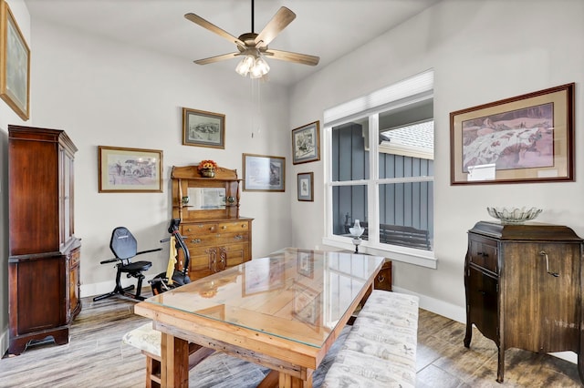 office space featuring ceiling fan and light hardwood / wood-style floors