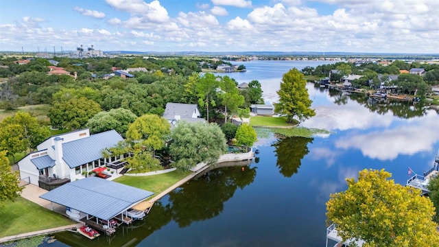 drone / aerial view featuring a water view