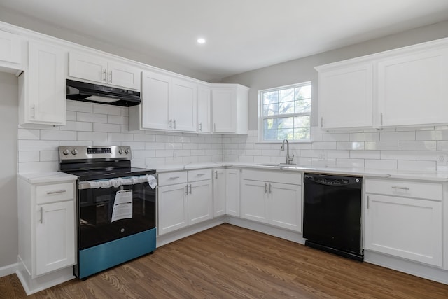 kitchen with stainless steel electric range, white cabinetry, and dishwasher