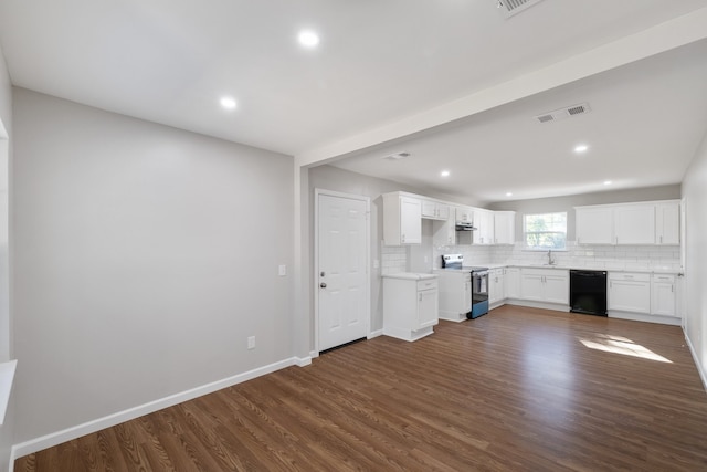 kitchen featuring black dishwasher, dark hardwood / wood-style flooring, white cabinets, and stainless steel range with electric cooktop