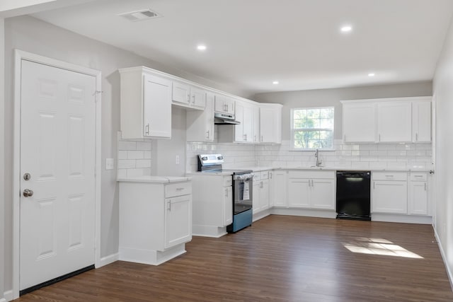 kitchen featuring black dishwasher, dark wood-type flooring, white cabinets, and electric range