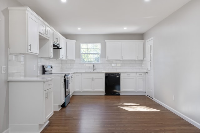 kitchen featuring white cabinetry, backsplash, dark wood-type flooring, dishwasher, and electric stove