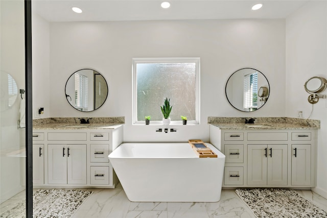 bathroom featuring vanity, a washtub, and a healthy amount of sunlight