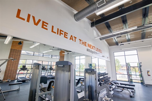 gym featuring ceiling fan, plenty of natural light, and high vaulted ceiling