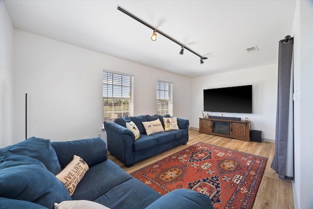 living room featuring wood-type flooring and rail lighting